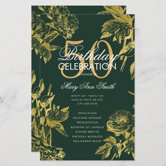 Glam Floral 50e verjaardag Programma Gold Green Me (Voorkant / Achterkant)