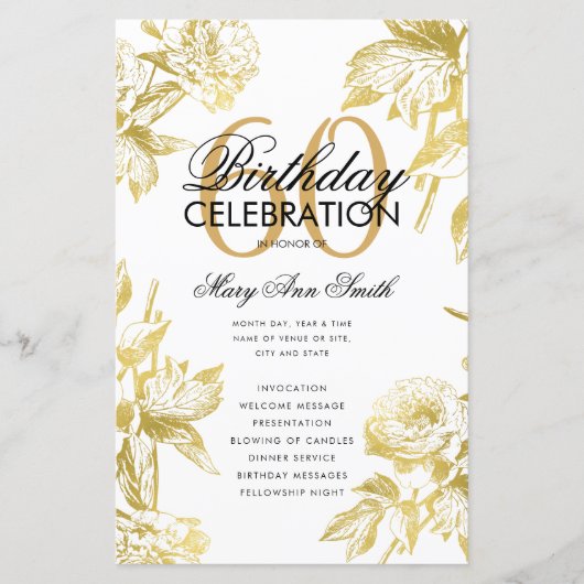 Glam Floral 60th Birthday Program Gold Menu (Voorkant)