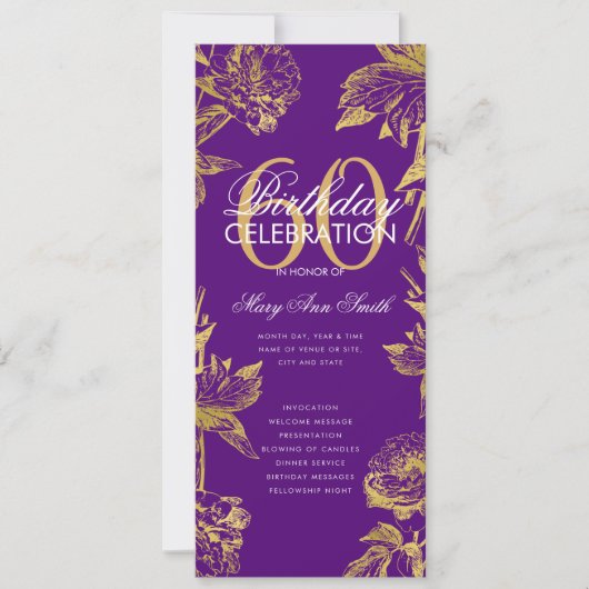 Glam Floral 60th Birthday Program Gold Paars Menu Kaart (Voorkant)