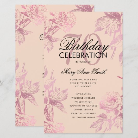 Glam Floral 70th Birthday Programme Roos Gold Blus (Voorkant / Achterkant)