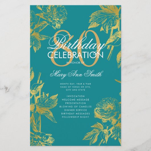 Glam Floral 80e Verjaardagsprogramma Gold Blauwgro Flyer (Voorkant)