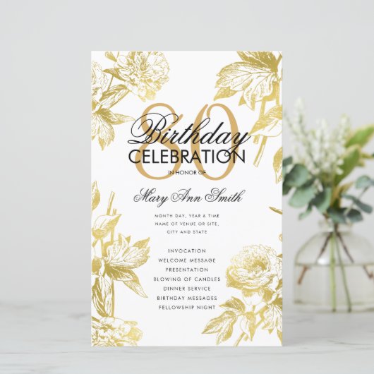 Glam Floral 80e Verjaardagsprogramma Gold Menu (Staand voorkant)