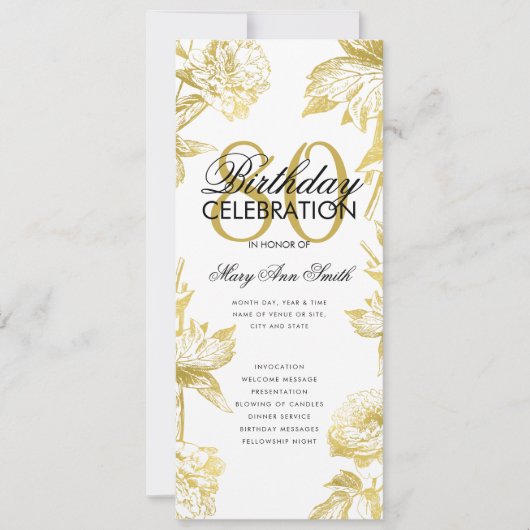 Glam Floral 80e Verjaardagsprogramma Gold Menu Kaart (Voorkant)
