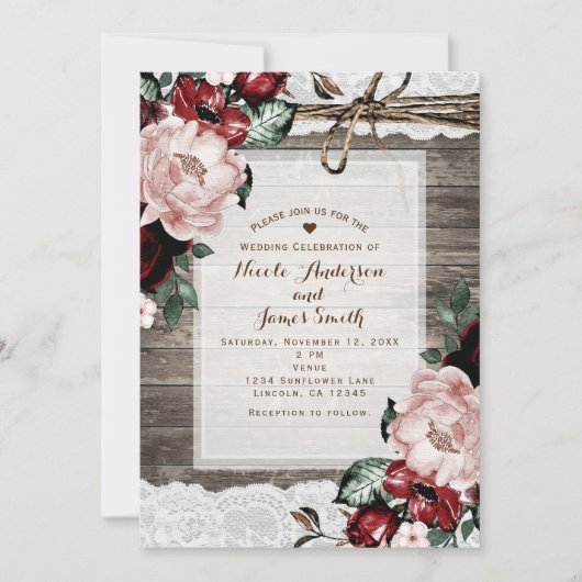 Glam Floral Rustic Wood & Lace Barn Wedding Kaart (Voorkant)