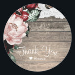 Glam Floral Rustic Wood & Lace Barn Wedding Ronde Sticker<br><div class="desc">Pas aan met elke gewenste tekst.</div>