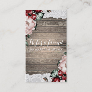 Glam Floral Rustic Wood & Lace Chic Refer an Frien Aanbevelingskaartje