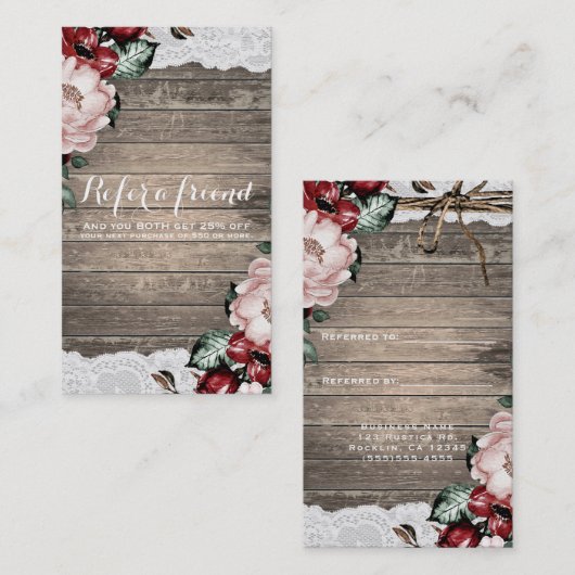 Glam Floral Rustic Wood & Lace Chic Verwijs een vr Aanbevelingskaartje (Voorkant / Achterkant)