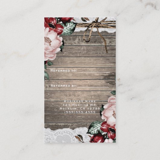 Glam Floral Rustic Wood & Lace Chic Verwijs een vr Aanbevelingskaartje (Achterkant)