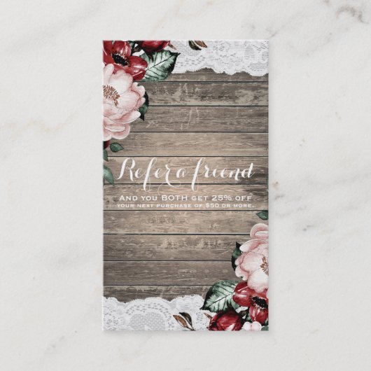 Glam Floral Rustic Wood & Lace Chic Verwijs een vr Aanbevelingskaartje (Voorkant)