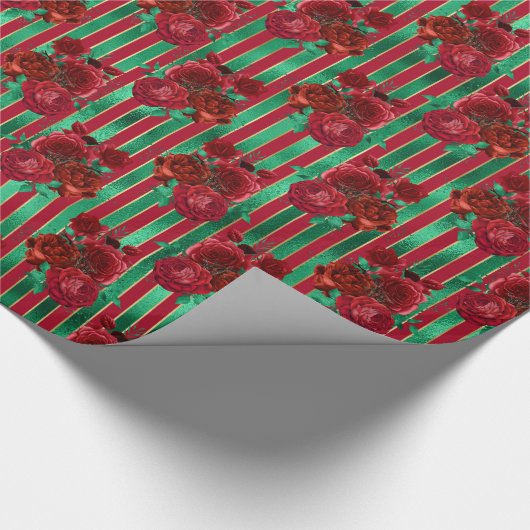 Glam Floral Striped Faux Folie Rood kerstfeest Cadeaupapier (Hoek)
