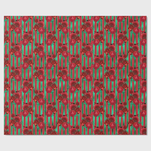 Glam Floral Striped Faux Folie Rood kerstfeest Cadeaupapier (Vlak)