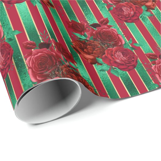Glam Floral Striped Faux Folie Rood kerstfeest Cadeaupapier (Rol Hoek)