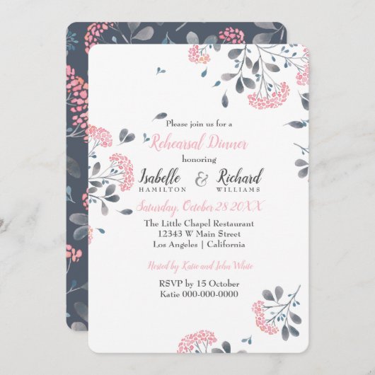 Glam florale roze waterverf repetitie diner kaart (Voorkant / Achterkant)