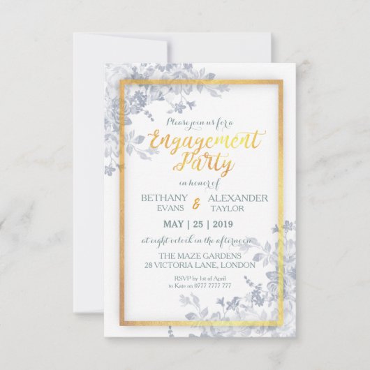 Glam Flower Gold Lijst Calligraphy Verloving Card Kaart (Voorkant)
