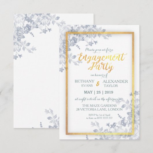 Glam Flower Gold Lijst Calligraphy Verloving Card Kaart (Voorkant / Achterkant)