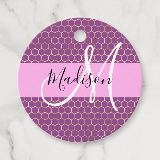 Glam Fuchsia Metallic Pink Honeycomb Monogram Naam Bedankjes Labels (Voorkant)