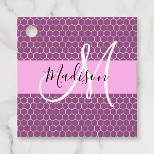 Glam Fuchsia Metallic Pink Honeycomb Monogram Naam Bedankjes Labels (Voorkant)
