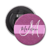 Glam Fuchsia Metallic Pink Honeycomb Monogram Naam Button Flesopener (Voorkant)