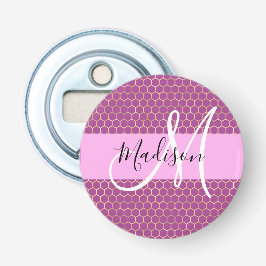 Glam Fuchsia Metallic Pink Honeycomb Monogram Naam Button Flesopener