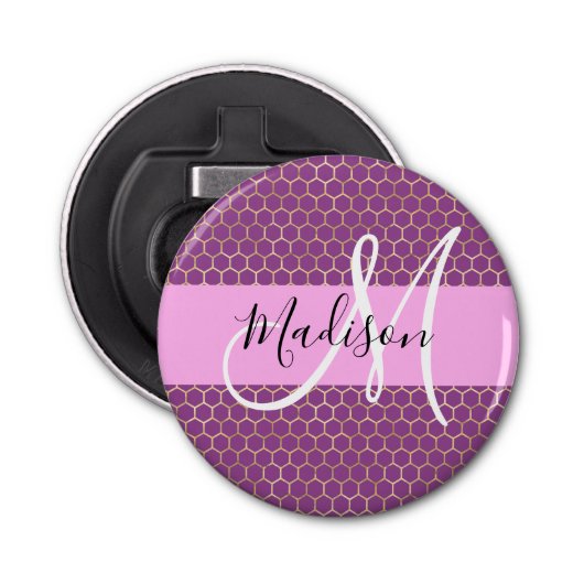Glam Fuchsia Metallic Pink Honeycomb Monogram Naam Button Flesopener (Voorkant)