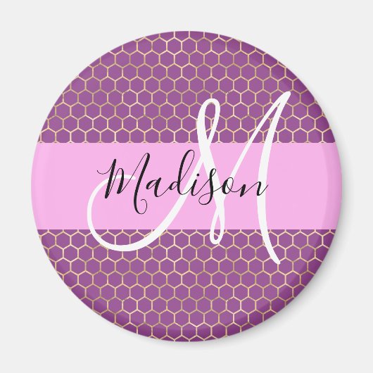Glam Fuchsia Metallic Pink Honeycomb Monogram Naam Magneet (Voorkant)