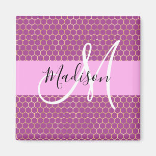 Glam Fuchsia Metallic Pink Honeycomb Monogram Naam Magneet