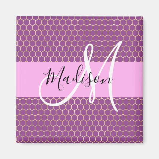 Glam Fuchsia Metallic Pink Honeycomb Monogram Naam Magneet (Voorkant)