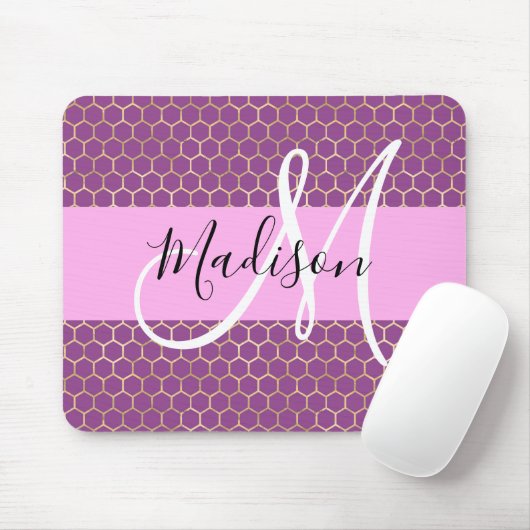 Glam Fuchsia Metallic Pink Honeycomb Monogram Naam Muismat (Met muis)