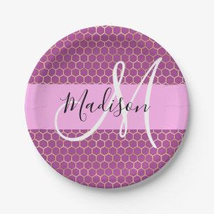 Glam Fuchsia Metallic Pink Honeycomb Monogram Naam Papieren Bordje