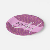 Glam Fuchsia Metallic Pink Honeycomb Monogram Naam Papieren Bordje (Gekanteld)