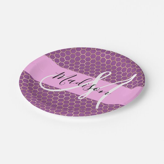 Glam Fuchsia Metallic Pink Honeycomb Monogram Naam Papieren Bordje (Gekanteld)