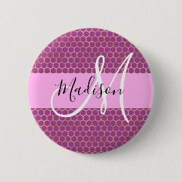 Glam Fuchsia Metallic Pink Honeycomb Monogram Naam Ronde Button 5,7 Cm