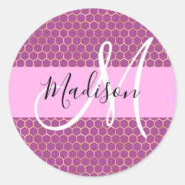 Glam Fuchsia Metallic Pink Honeycomb Monogram Naam Ronde Sticker