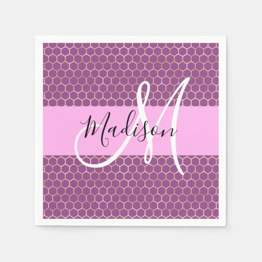 Glam Fuchsia Metallic Pink Honeycomb Monogram Naam Servet (Voorkant)
