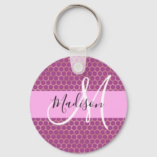 Glam Fuchsia Metallic Pink Honeycomb Monogram Naam Sleutelhanger