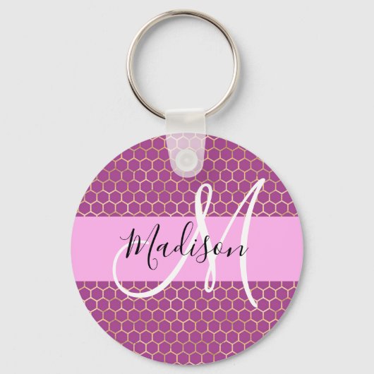 Glam Fuchsia Metallic Pink Honeycomb Monogram Naam Sleutelhanger (Voorkant)