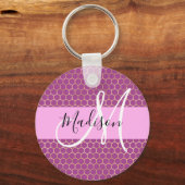 Glam Fuchsia Metallic Pink Honeycomb Monogram Naam Sleutelhanger (Voorkant)