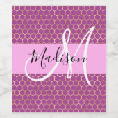 Glam Fuchsia Metallic Pink Honeycomb Monogram Naam Wijn Etiket (Enkel label)