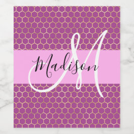 Glam Fuchsia Metallic Pink Honeycomb Monogram Naam Wijn Etiket