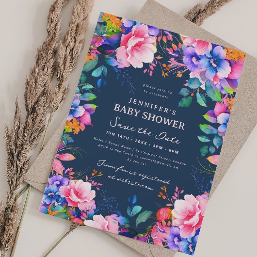 Glam Garden Floral Baby shower Save Date Navy Kaart