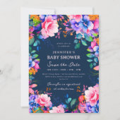 Glam Garden Floral Baby shower Save Date Navy Kaart (Voorkant)