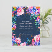 Glam Garden Floral Baby shower Save Date Navy Kaart (Staand voorkant)
