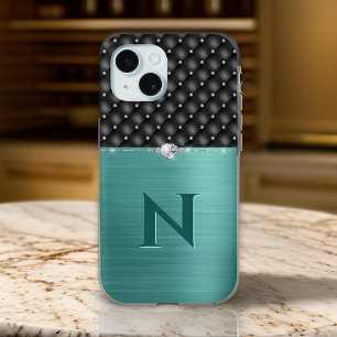 Glam Geborsteld Groen Metaal en Faux Leer Look iPhone 15 Case