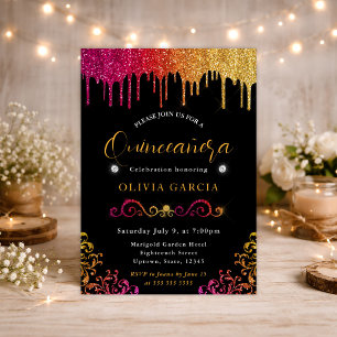 Glam Geel en Roze Verlopend Glitter Quinceanera Kaart