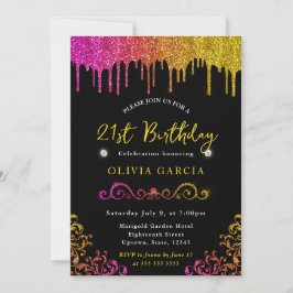 Glam gele en roze glitters 21e verjaardag kaart