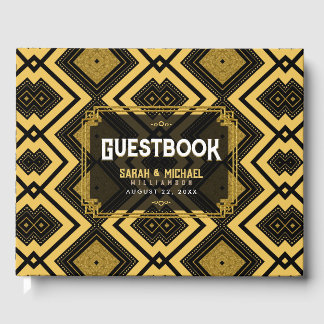 Glam Geometrie Goud Zwart Patroon Bruiloft Gastenboek