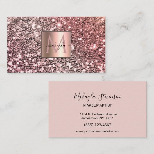 Glam Girly Blush Pink Gitter Design Name Monogram Visitekaartje (Voorkant / Achterkant)