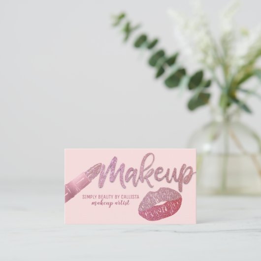 Glam Girly Blush Pink Glitter Folie Lips Make-up Visitekaartje (Staand voorkant)