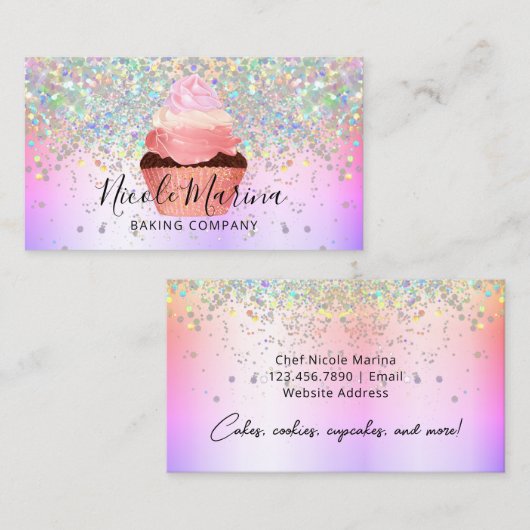 Glam Girly Cupcake Bakery Faux Holographic Glitter Visitekaartje (Voorkant / Achterkant)
