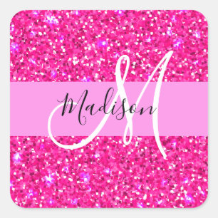 Glam Girly Hot Pink Glitter Sparkles Monogram Vierkante Sticker